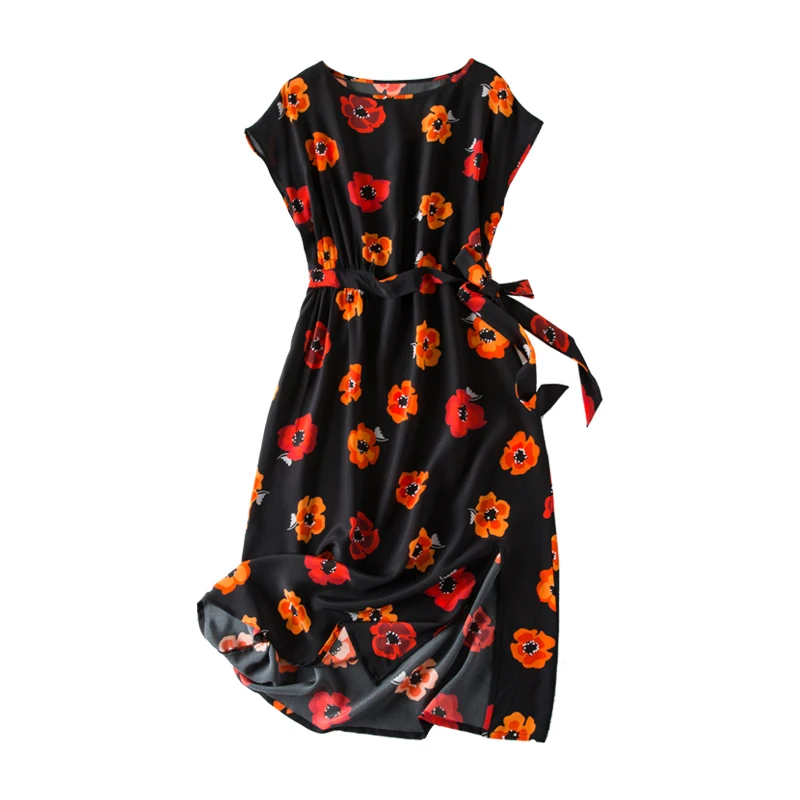 

Women Summer Silk Dress O neck plus size Vintage Natural silk dresses floral Elegant Dress Casual holiday real silk long dress