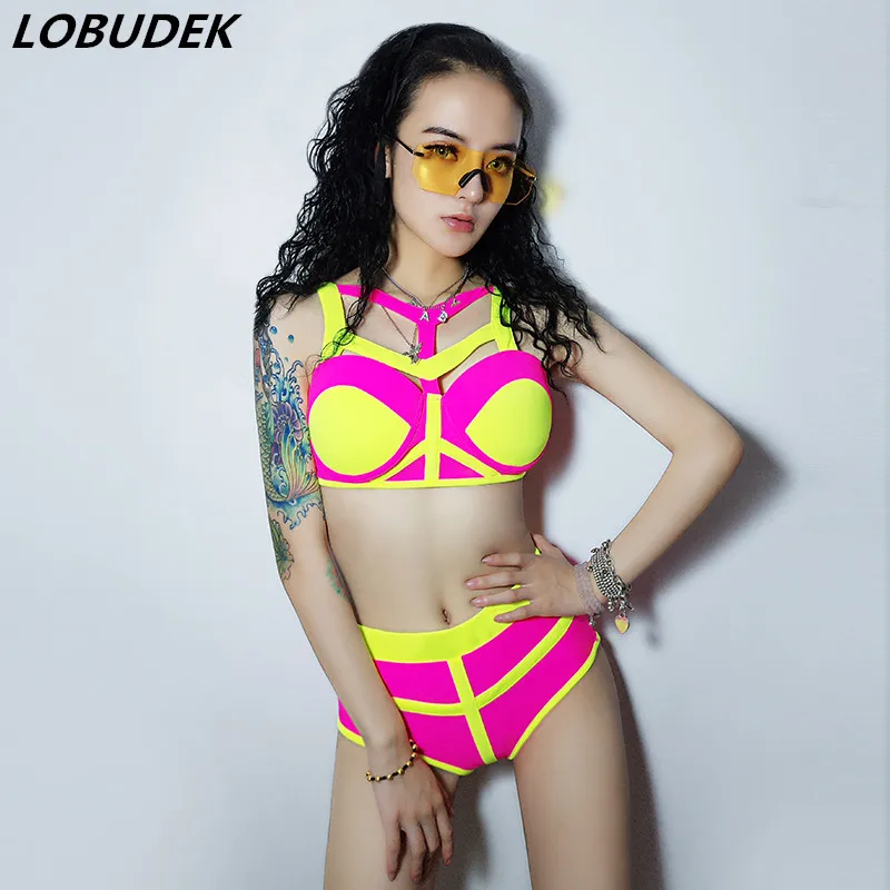 

Female Nightclub Pole Dancing 2 Pieces Dance Outfit European Style Bar DJ Modern Dance Costume Sexy Bikini Set DS Stage Clothing