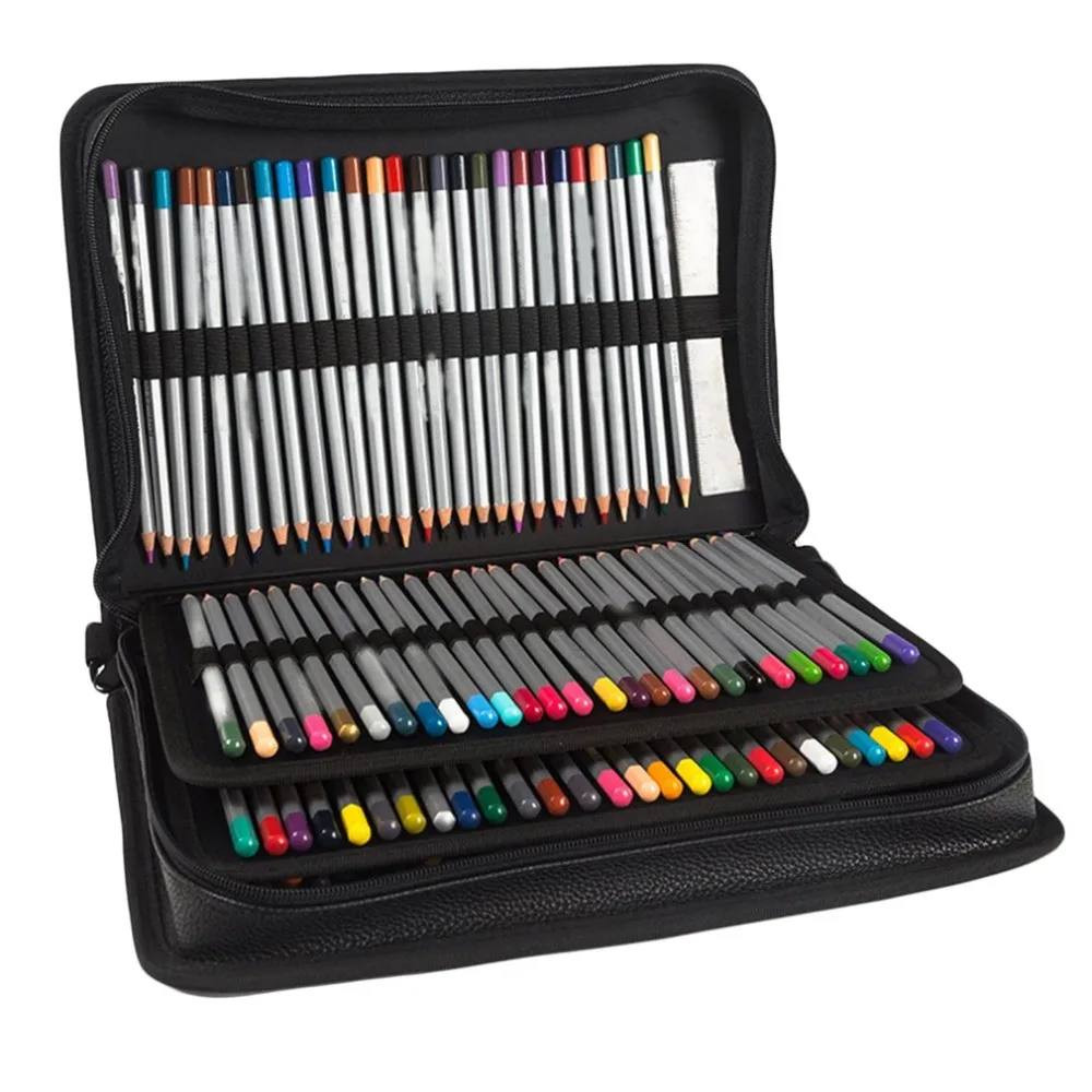 

4 Layers 160 Holes Portable PU Leather Pencil Case Pen Bag With Strap Large Capacity Students Drawing Painting Art Tools