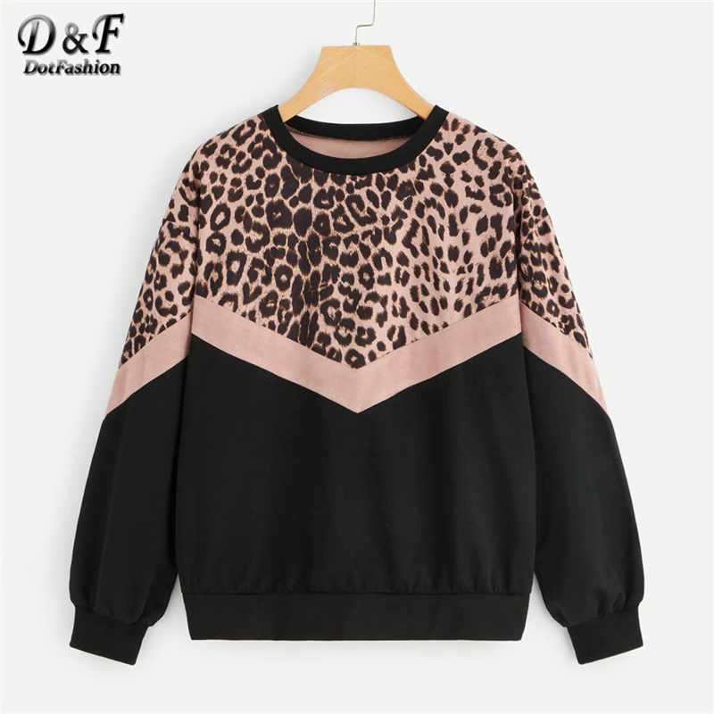 Dotfashion Colorblock Leopard панель Drop Shoulder Толстовка для женщин Повседневное 2019 осенняя одежда с длинным рукавом модные пуловеры для