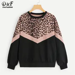 Dotfashion Colorblock Leopard панель Drop Shoulder Толстовка для женщин Повседневное 2019 осенняя одежда с длинным рукавом модные пуловеры для