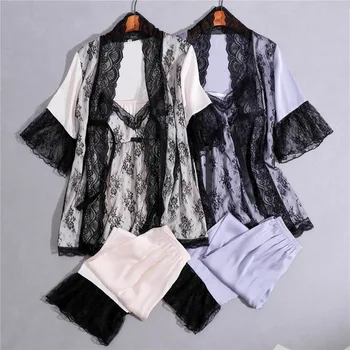 

Satin Pyjamas Women 3Pieces Pajamas for Women Homewear Elegant Sleepwear Female Lace Silk Pajamas With Chest Pad