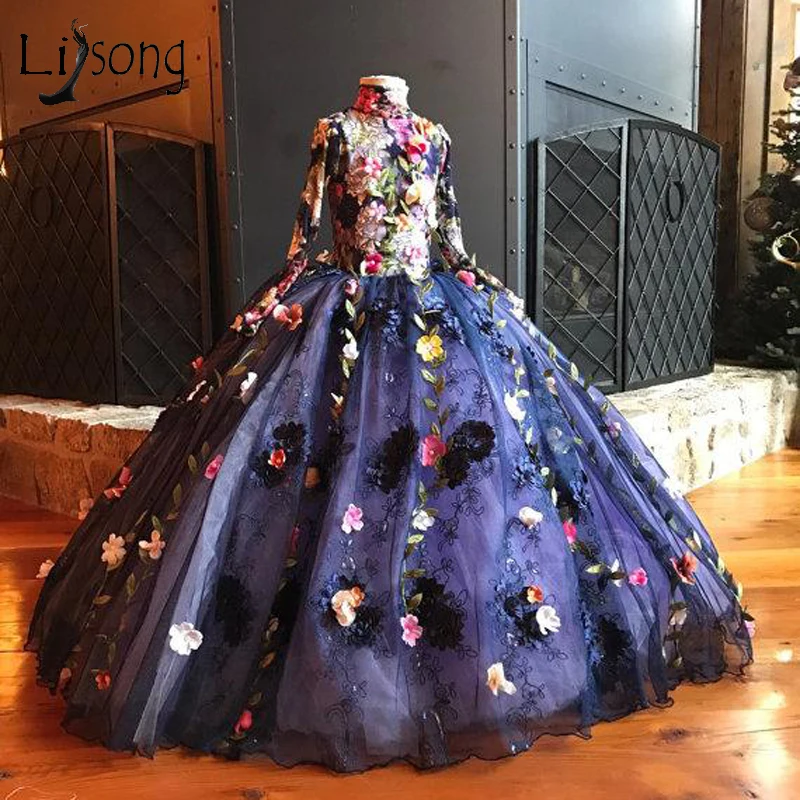 

Pretty 3D Flower Pageant Dresses For Girls Full Sleeves High Collar Lace Flower Girl Dress 2018 Bow First Communion Dresses