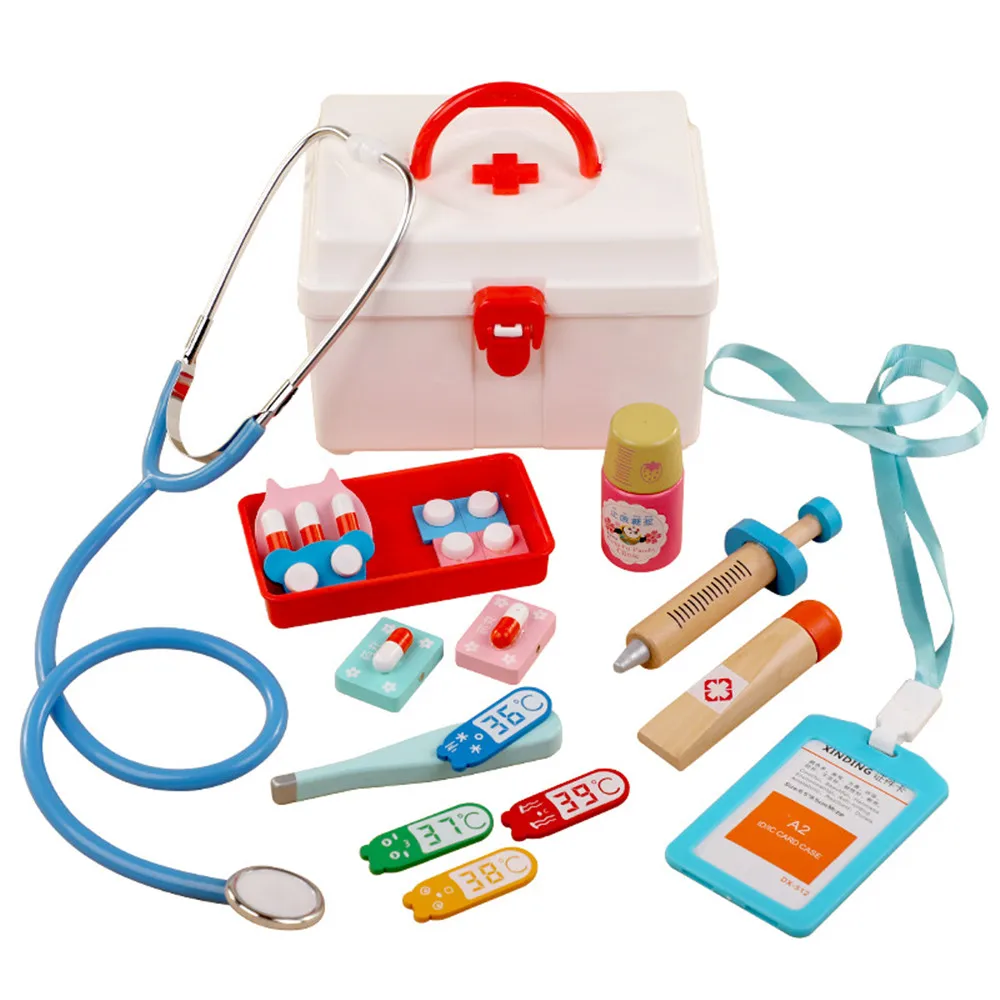 

Doctor toys Pretend Play Children simulation toy wooden medical kit box stethoscope Kids Medicine Chest Set Interest Development