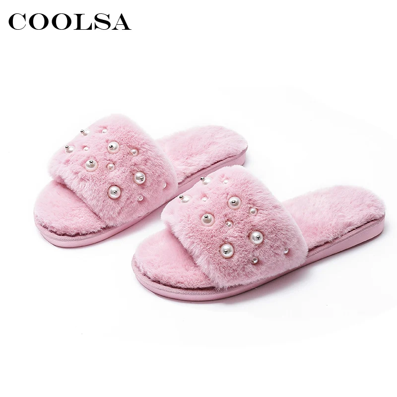 

Coolsa New Women Pearl Slippers Plush Cotton Slippers Warm Faux Fur Bead Flat Non slip Home Slipper Lady Soft Warm Flock Shoes
