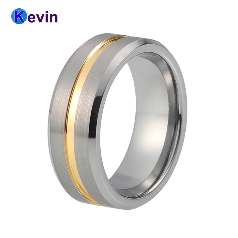 

Pipe cut and grooved tungsten ring with 2 gold line, two tone style