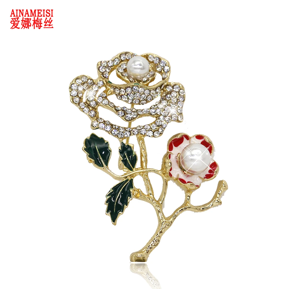 

AINAMEISI Fashion Rhinestone Rose Flower Brooch Pins For Women Pearl Enamel Plant leaves Wedding Party Dress Clothing Jewelry