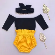 Летние милые комплекты одежды для маленьких девочек от 0 до 24 месяцев черные топы с открытыми плечами+ шорты+ повязка на голову, комплект одежды