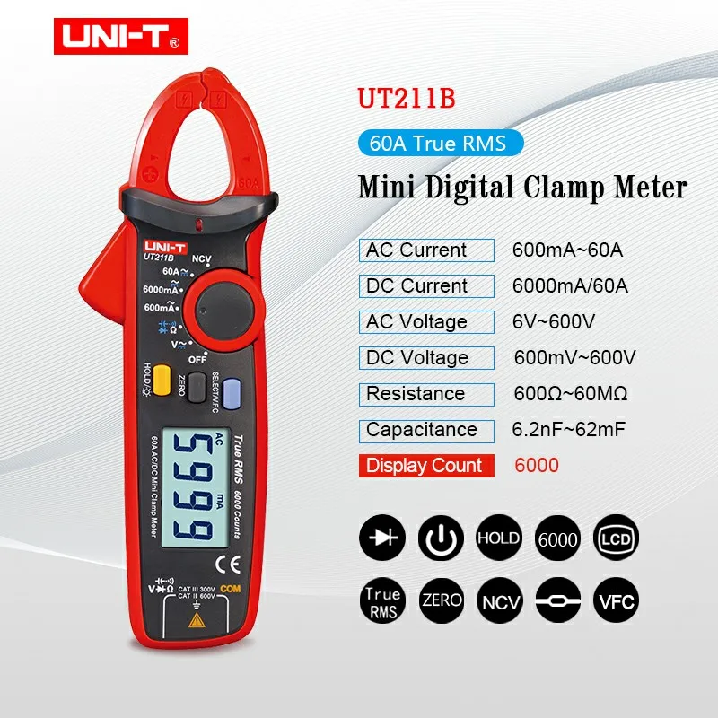 

UNI-T UT211B Clamp Multimeter AC small current clamp AC DC 60A Current NCV Test Best Accuracy 20mA Zero Mode Cap Diode Ohm