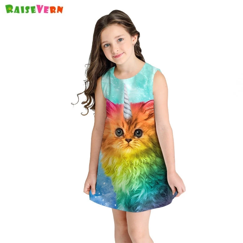 

Hot Summer Girls Dress Colorful Cat Peacock Print 8 9 10 11 Years Teenagers Girl Sleeveless A-line Dresses Children Clothes