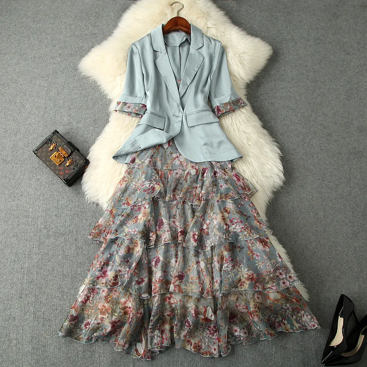 Dress Suits 2019 Spring Summer Ladies New Single Button Elegant Blazer Jacket Top + Printed Slip Cake Dress Two Piece Set Female