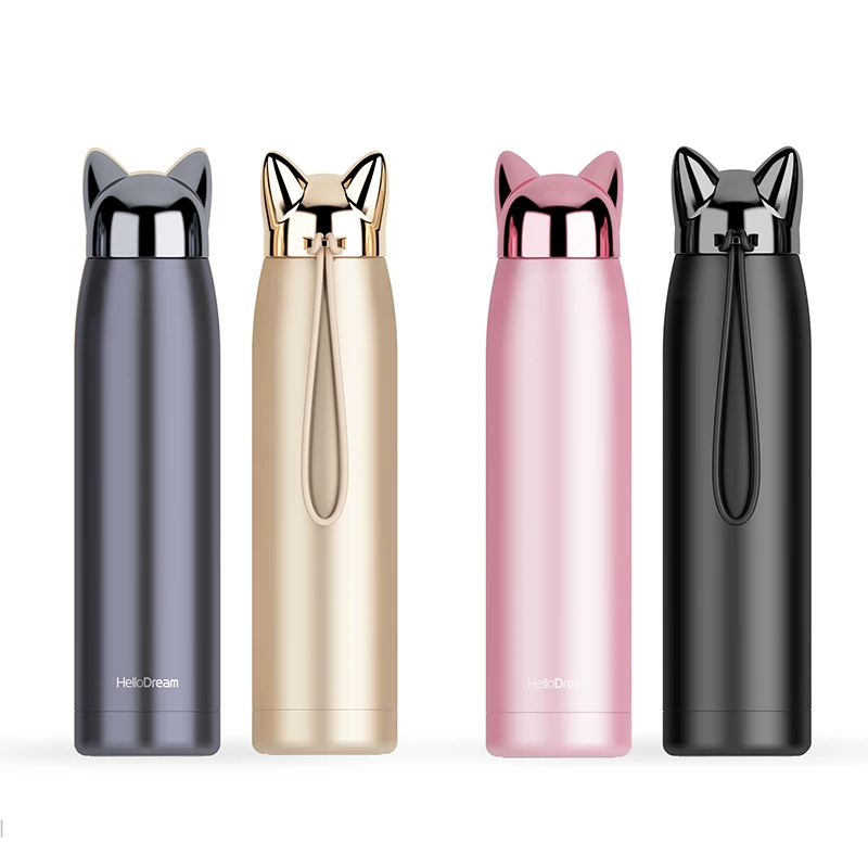 Double Wall Insulated Thermal Flask with Cute Cat Ear Design Lid for Hot Water and Milk during Travel