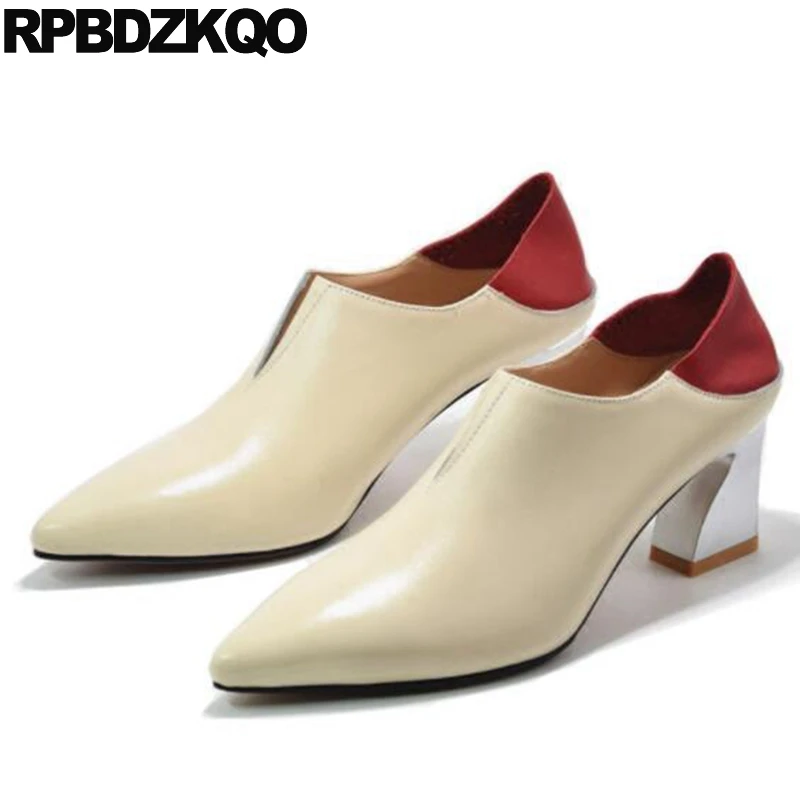 

2017 Genuine Leather Pointed Toe Big Brand Slip On Booties Shoes Chunky Fall Autumn Designer Women Ankle Boots Medium Heel Short