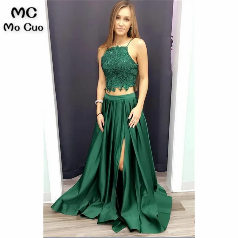 

Two Piece Emerald Green Prom Dress with Lace Spaghetti Straps dress for graduation Satin Evening Party Dress for Women