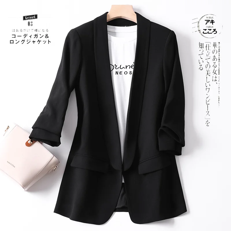 Shuchan Shawl Collar Woman Blazer 2019 3/4 Sleeve Summer Autumn Jacket Women Black Chaquetas Mujer Casual Solid  Office Lady