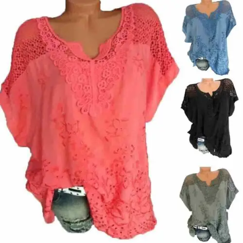 

Women's Lace Short Sleeve V Neck Blouse Tunic Tops Casual Sexy Hollow Loose Tops Women Blouse Ruched Front Lace Shirt Summer