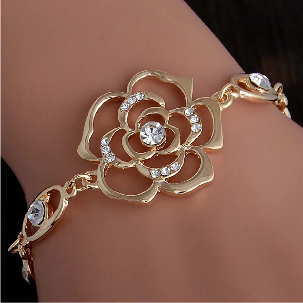 

MISANANRYNE Hot Gold Color Shiny Austrian crystal Hollow Gorgeous Rose Flower Chain Bracelet Fine Shipping