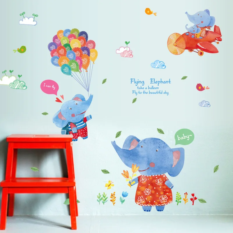 

Cartoon Balloon Blue Elephant Wall Stickers Flying Elephant Plane Leaves Clouds Decoration Diy Decals for Kids Room Bedroom