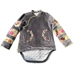 Модная бархатная куртка с длинными рукавами и вышитыми цветами, винтажная Улучшенная одежда Hafu, классическое плотное теплое пальто с