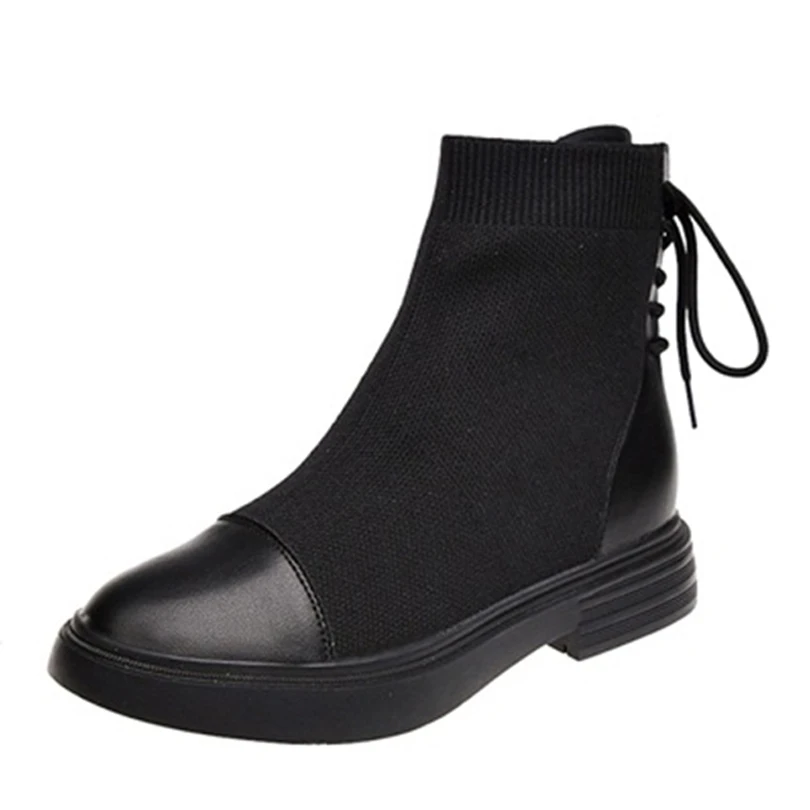 Goede Vrouwelijke Feminina Vrouw Breien Slip On Korte Pluche Laarzen Zwart Flats Met Rubber Lage Hakken Hoogte Vierkante Rijden Normale size
