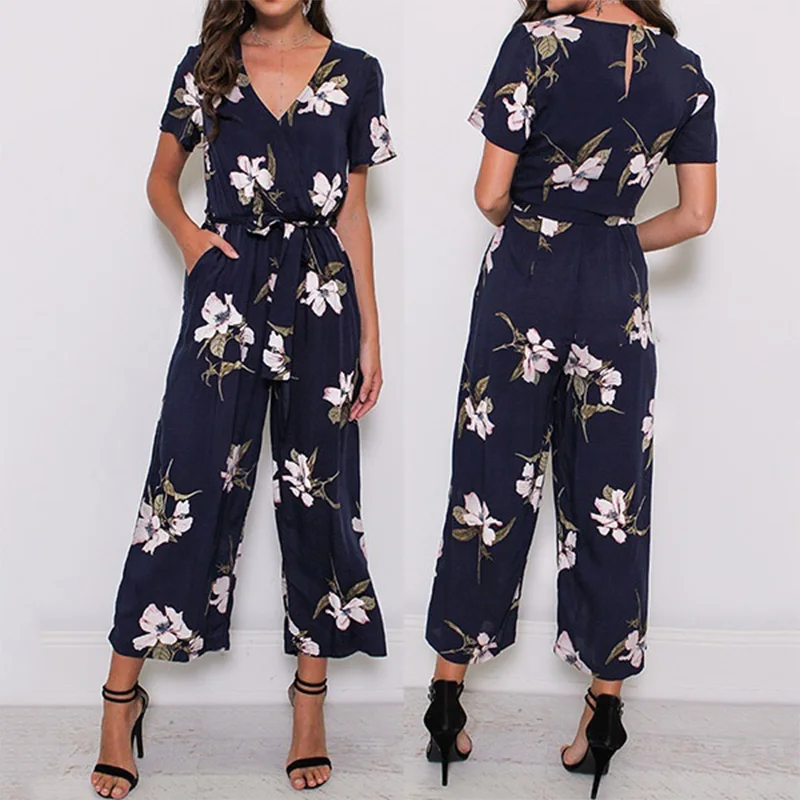 New Fashion Women V Neck Short Sleeve Loose Playsuit Ladies Party Romper Floral Print Long Jumpsuits New Fashion Women V Neck Short Sleeve Loose Playsuit Ladies Party Romper Floral Print Long Jumpsuits