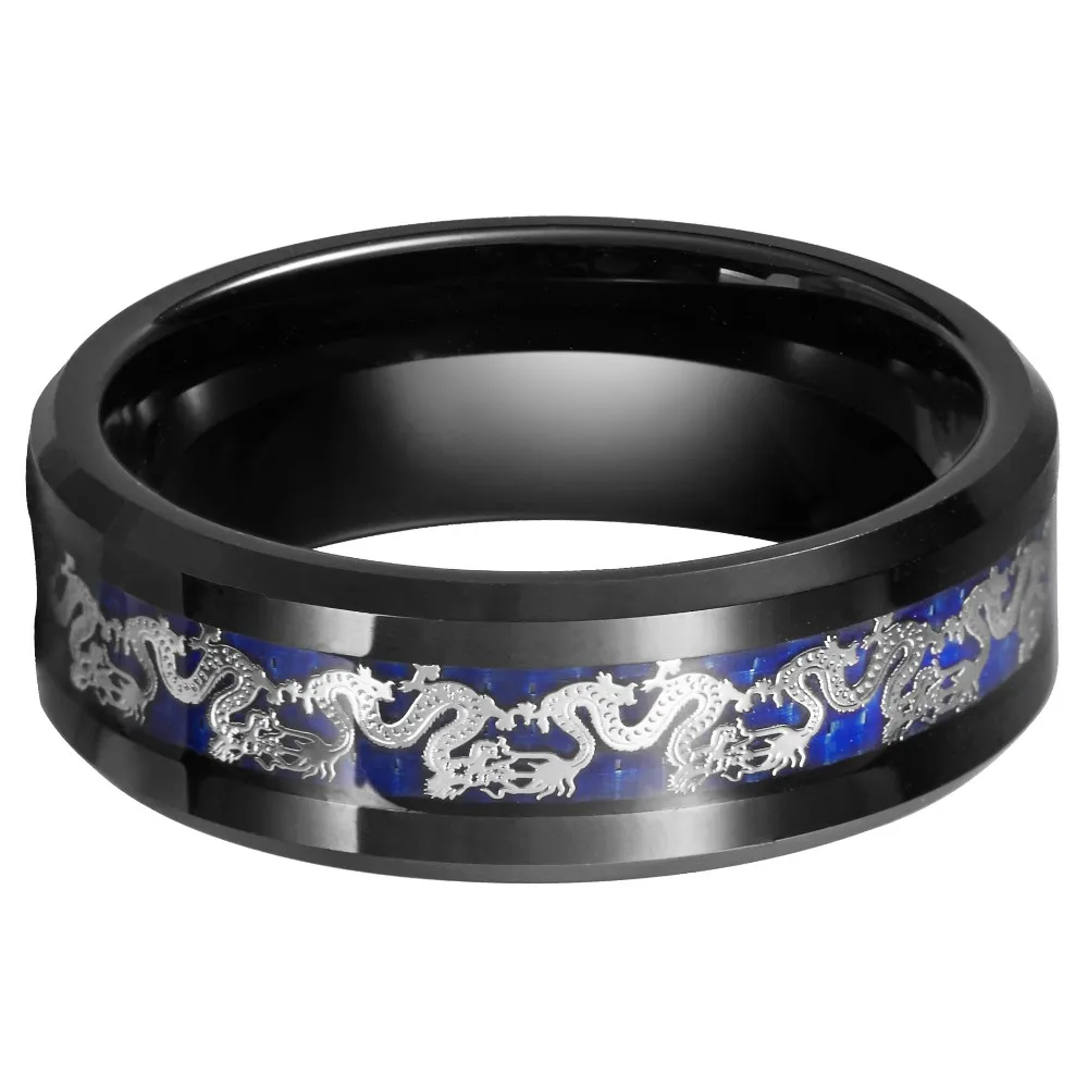 Queenwish 8mm Mens Wedding Bands Black Tungsten Carbide Ring Silvering Dragon Blue Carbon Fibre Inlay Jewelry