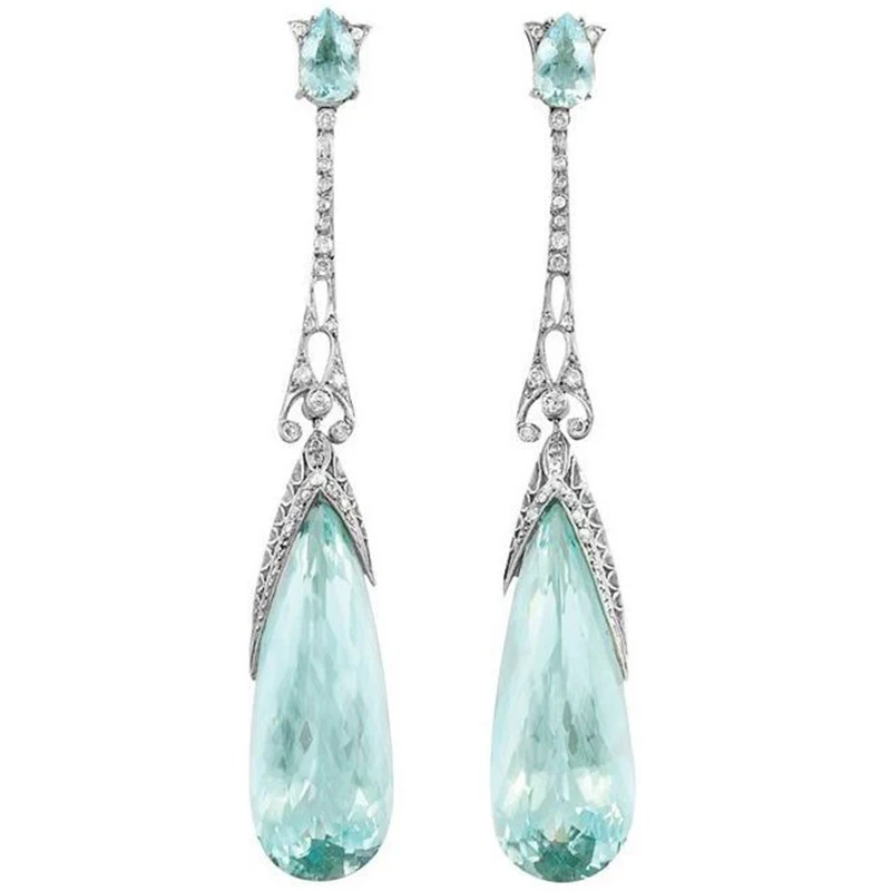 

New Trendy Silver Color Blue Water Drop CZ Stone Earrings For Women Girls Long Drop Earrings Fashion Party Gift Jewelry L3T042
