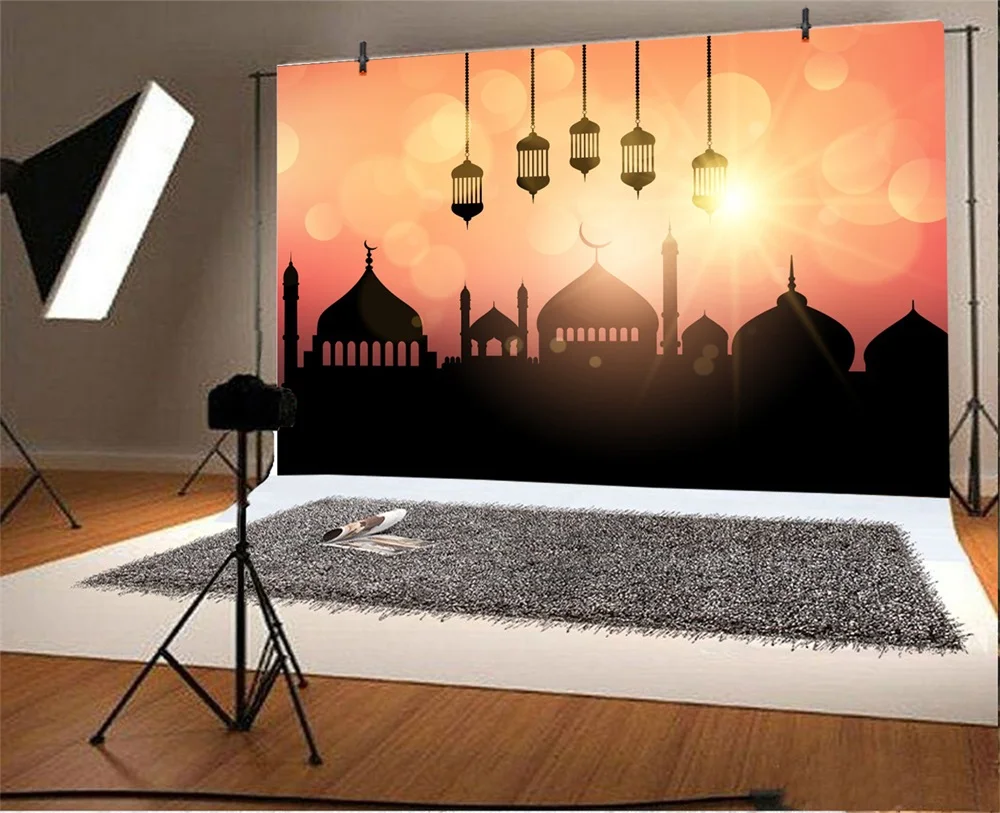 Laeacco Eid Crescent Moon Mosque Mubarak Light Bokeh Photography Background Customized Photographic Backdrops For Photo Studio