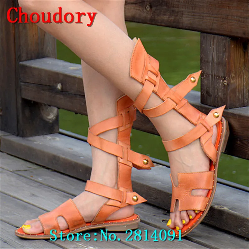 Choudory Genuine Leather Casual Buckle Strap Solid Sexy Low Heels Gladiator Sandals Narrow Band Cutouts Cross-tied Shoes Woman | Обувь