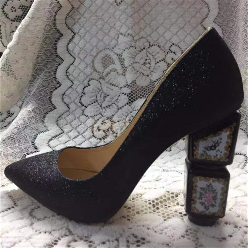 Lado Boda Color Alto Recortes Los Impreso Dedos Zapatos Lentejuelas Punto Glitter Plata Bombas De Black Retro Pies silver Mujer Mujeres Nupcial Bling Tacón wq60nTX