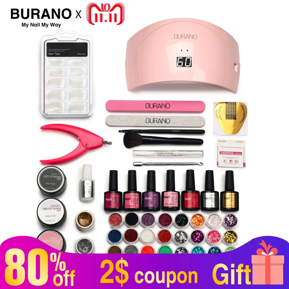 BURANO Nails 24w led lamp 5 color soak off led color gel nail art polish manicure set uv gel polish glitter kit nail tools 066