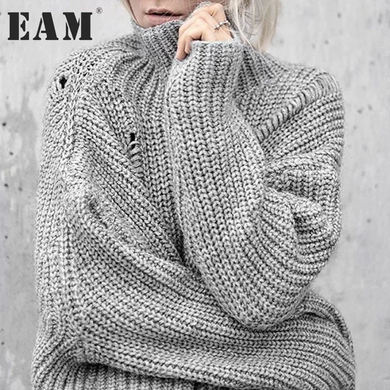 [EAM] 2018 Autumn New Pattern Fashion High Lead Sleeve Hollow Out Gray Woman Loose Thickening Big Size Sweater Tide YA414