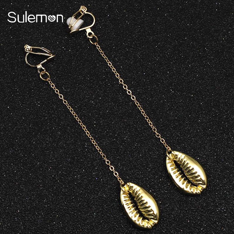 

Metal Cowrie Shell Long Earrings No Hole Ear Clips Seashell Clip On Earring Without Piercing Simple Women Earring CE370
