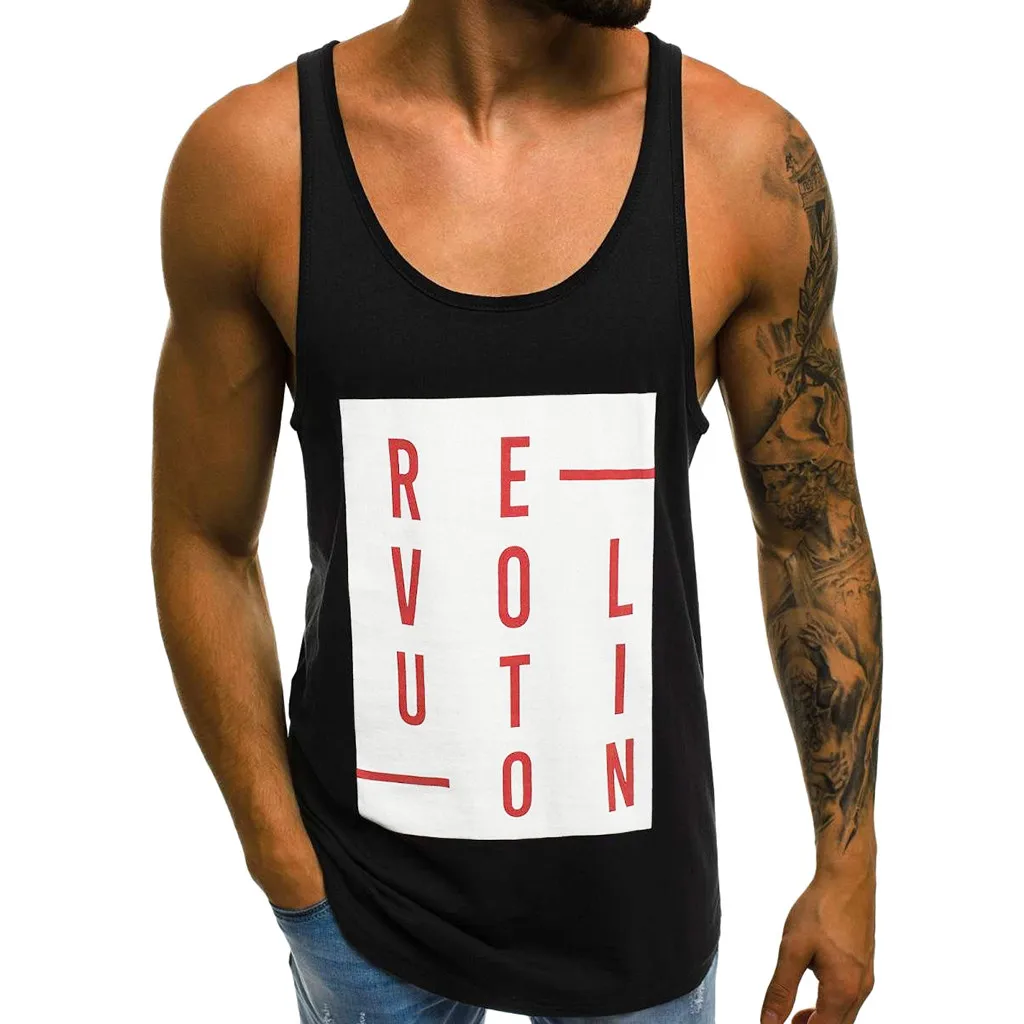 Black Полиэстер для мужчин модные повседневное тонкий с принтом букв без рукавов майка плюс размеры блузка Broadcloth Весна Dailyc0504 - Цвет: Black