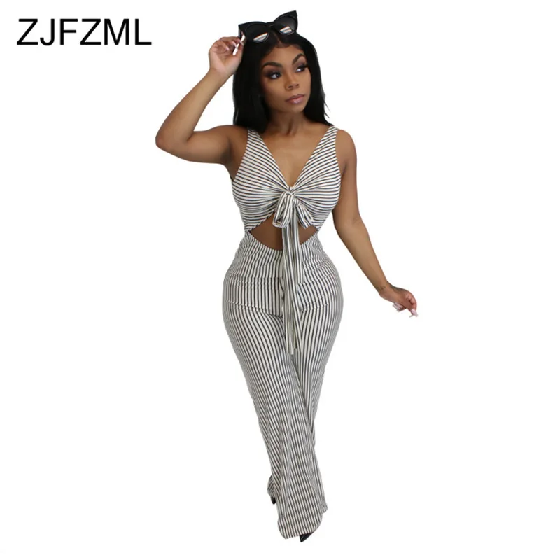 أسود أبيض مخطط مثير بذلة النساء V الرقبة الخصر الفرقة قطع واسعة الساق رومبير الصيف ربطة القوس فيونكة أكمام كامل Legnth ارتداءها