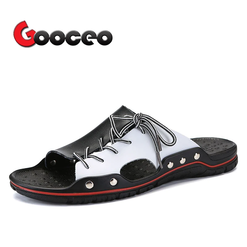 

Men's Sliders Slides Sandals For Men Slide Sandals Summer Leather Flat Slippers Fashion Slip-On Light Open-toe Shoes Plus Size