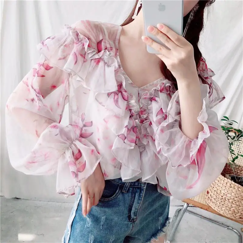Женские рубашки Ulzzang японские Kawaii винтажные летние цветочные шифоновые блузки