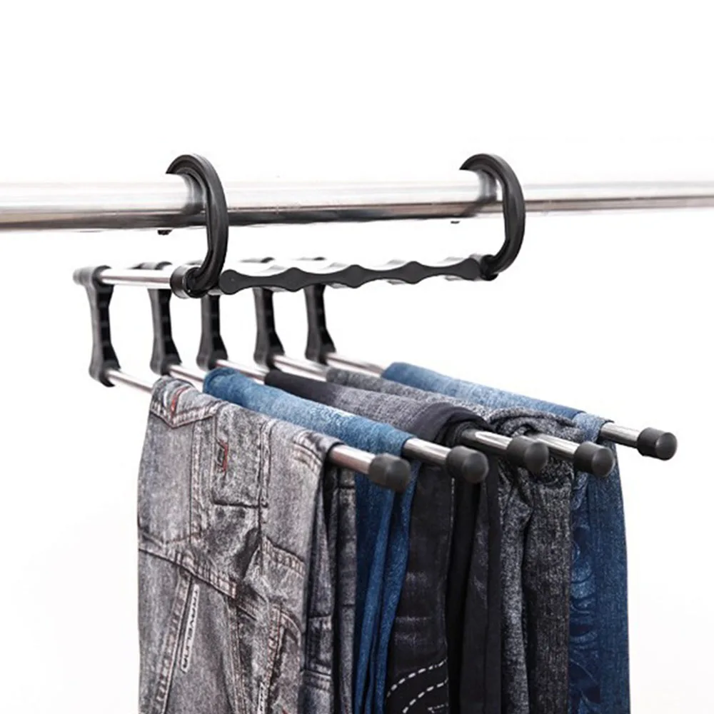 Creative Stainless Steel Dual Hooks 5 Way Trousers Hanger Rack Black