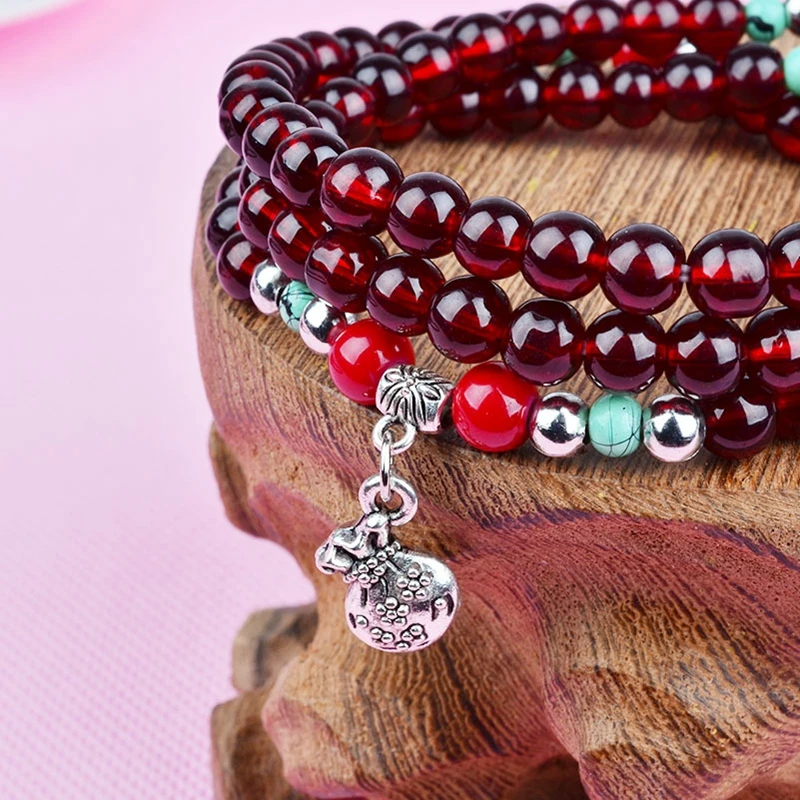 

Fashion National Wind Bracelet Buddha Bead Three laps Tibetan Imitation Red Garnet Buddhist Bracelet Jewelry lucky Beads S005