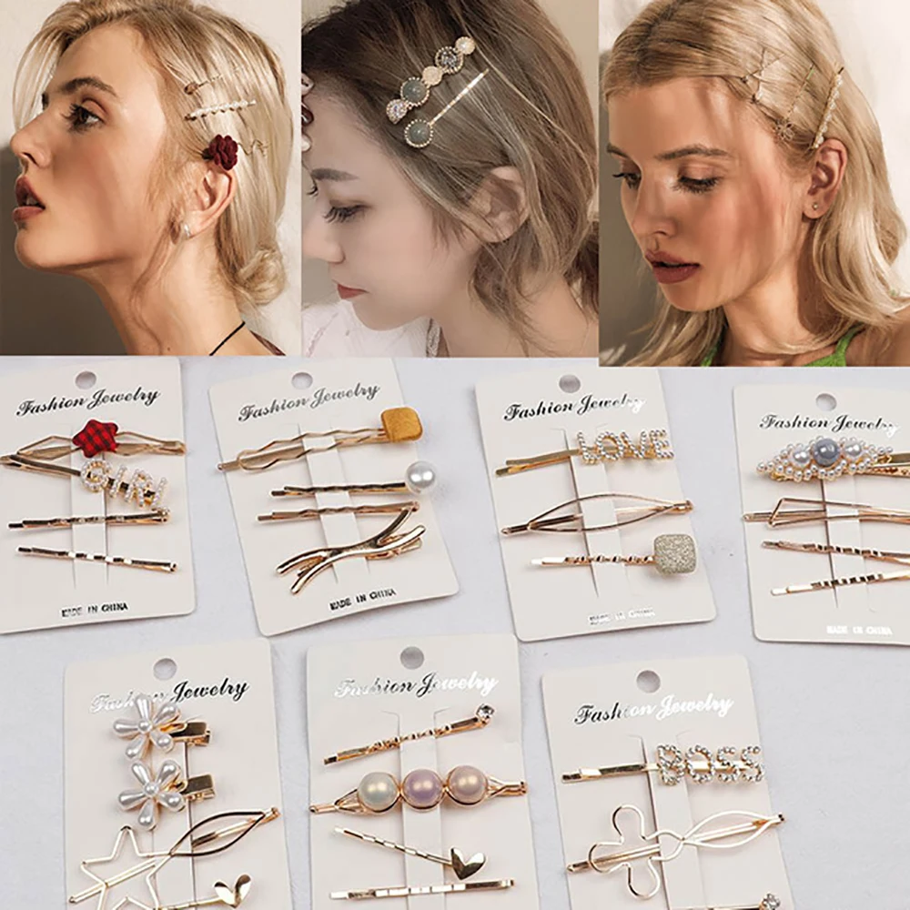 

Hair Accessories Pearl Hair Clips for Women Girls Korean Fashion Geometric Metal Hair Clip Set Irregular Gold Color Hair Bows