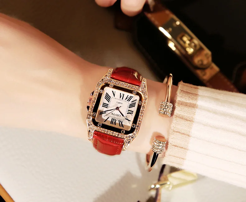 Женские квадратные наручные часы с бриллиантами для женского платья, кварцевые часы с кристаллами, кожаные часы с ремешком-браслетом женские часы Reloj Mujer