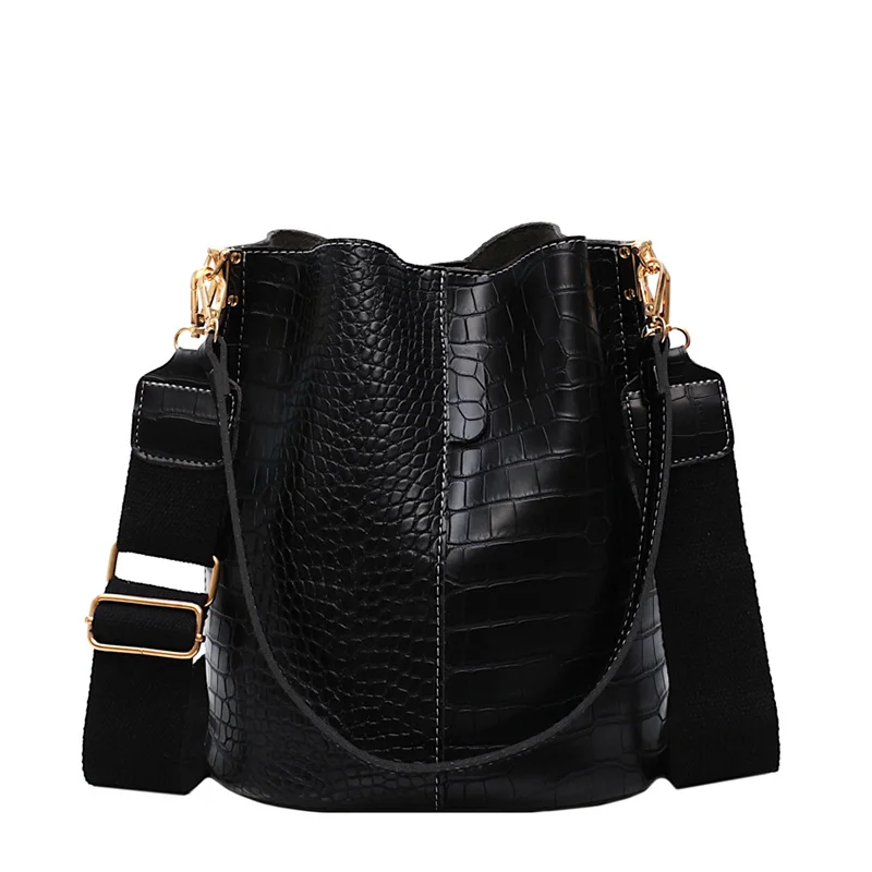 Женская сумка-мешок с широким плечевым ремнем из крокодиловой кожи, новая модная высококачественная повседневная сумка через плечо - Цвет: Black
