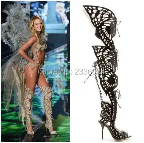 Hot Fashion Long Cut-out High-heels Gladiator Sandals Women Butterflies Over The Knee Boots Lace-Up Open Toe Women Sandals Boots