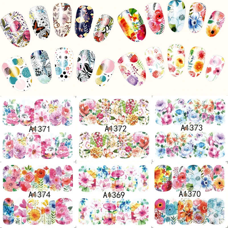 

2sheets Nails Wraps Flowers Water Transfer Decals Butterfly Flamingo Designs Full Cover Nail Art Slider Decoration A1369-1392