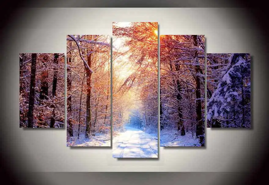 Framed Printed Snowy Forest 5 piece picture Painting wall art room