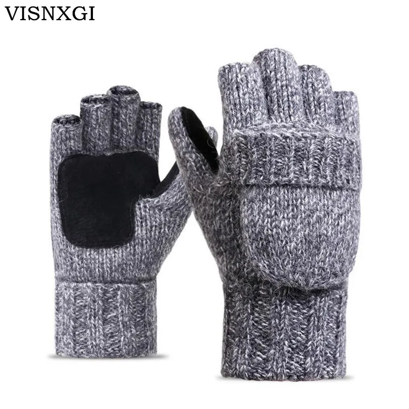 

VISNXGI Work Thick Male Fingerless Gloves Men Women Wool Winter Warm Exposed Finger Mittens Knitted Warm Flip Half Finger Gloves