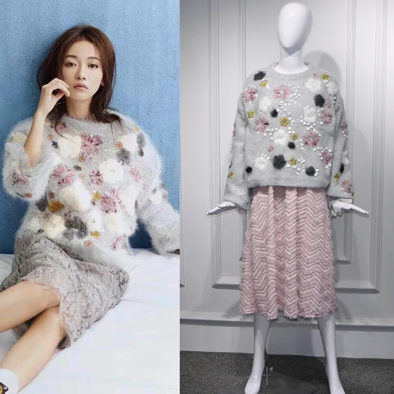 Star Wu Jinyan Said The Same High-end Grey Sweet Loose Heavy Industry Flowers Horse Hair Sequins Decorative Sweater Coat 2019 Star Wu Jinyan Said The Same High-end Grey Sweet Loose Heavy Industry Flowers Horse Hair Sequins Decorative Sweater Coat 2019