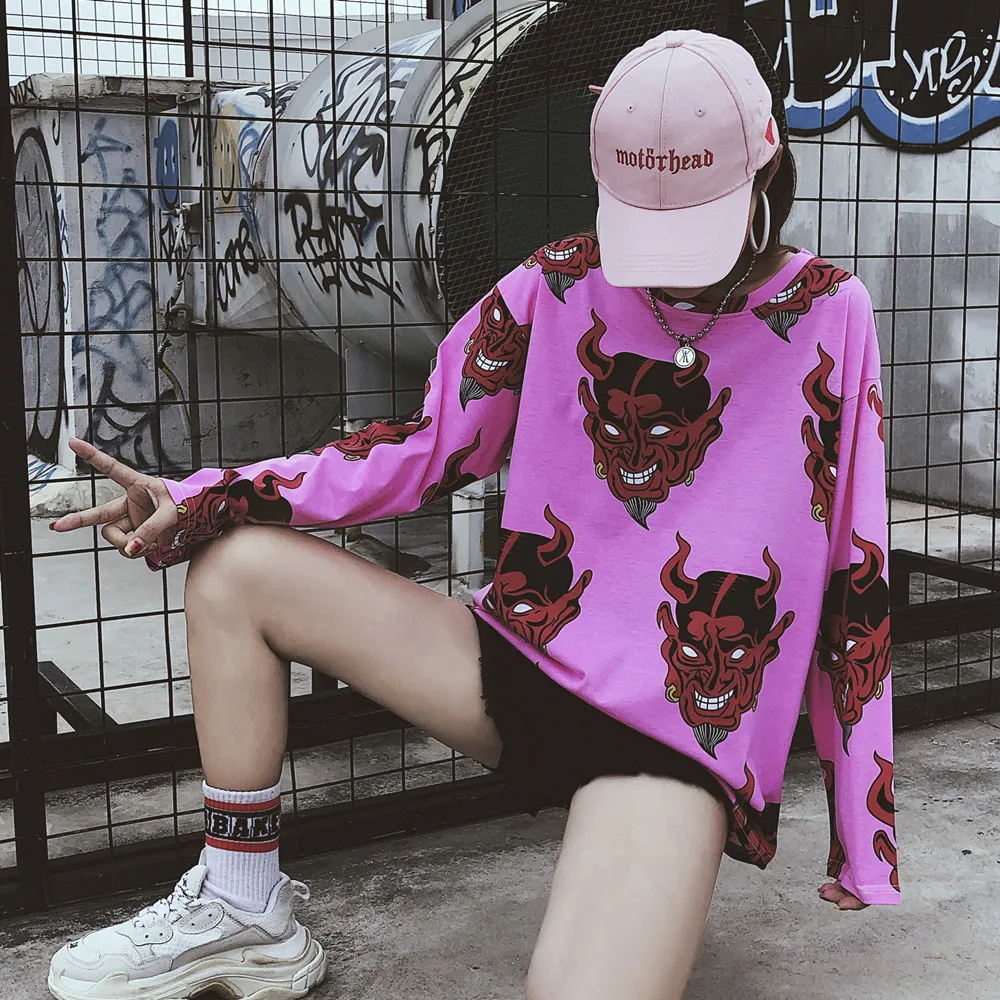 Harajuku/футболка с принтом дьявола из мультфильма; повседневные свободные футболки с длинными рукавами; Женская мода ulzzang BF; уличная одежда в стиле хип-хоп; розовые Топы