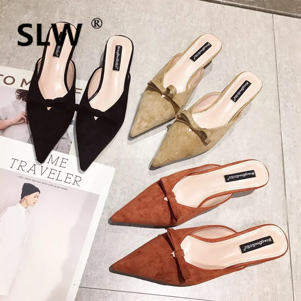 

2019 new style spring bowtied pointed high heel slippers woman cat heel mules shoes sexy brief slides female brand flip flops