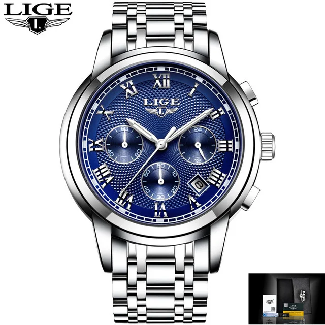 Для мужчин s часы лучший бренд класса люкс LIGE бизнес нержавеющая сталь Водонепроницаемый Кварцевые часы для мужчин Дата Спорт хронограф Relogio Masculino - Цвет: Silver blue  S